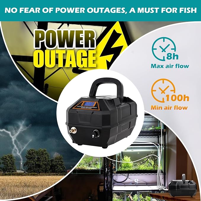 hygger Rechargeable Aquarium Pond Air Pump, Powerful Quiet Commercial Tank Air Pump with Hose Air Stone Check Valve Adjustable Flow Diverter Valve for Fishing Yacht/Power Outages/Hydroponic