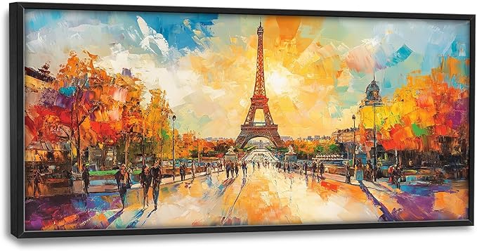 Framed Large Eiffel Tower Wall Art for Living Room, Oversized Paris City Street Landscape Wall Decor, Colorful Sunrise Canvas Painting Modern Artwork for Living Room Bedroom Office 60"x30"