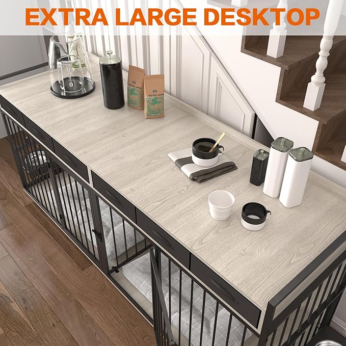 86.6inch Dog Crate Furniture with Storage,Furniture Style TV Stand Dog Kennel for 2 Dogs,with 6 Drawers,Removable Divider&Adjustable Bowls,Heavy Duty Metal Chew-Resistant Dog Crate Furniture