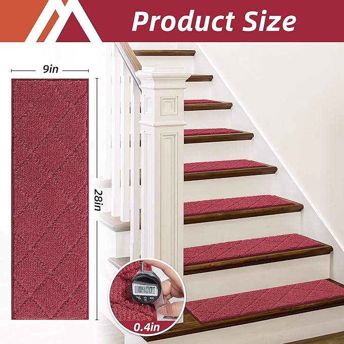 COSY HOMEER Edging Stair Treads Non-Slip Carpet Mat 28inX9in Indoor Stair Runners for Wooden Steps, Edging Stair Rugs for Kids and Dogs, 100% Polyester TPE Backing (4pc, Red)
