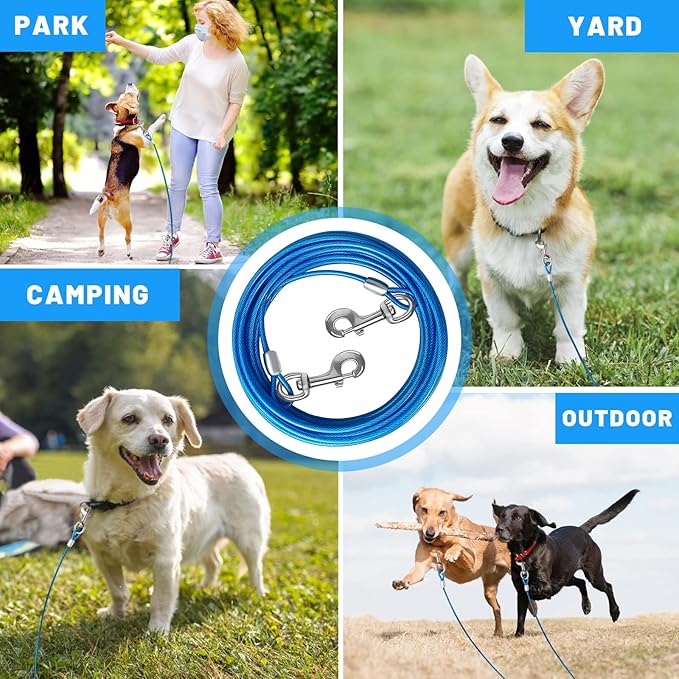 Dog Tie Out Cable 10/15/20/25/30 FT Runner for Yard Steel Wire Cable with Durable Superior Clips Blue Chains for Outside Dog Lead for Large Up to 165 Lbs