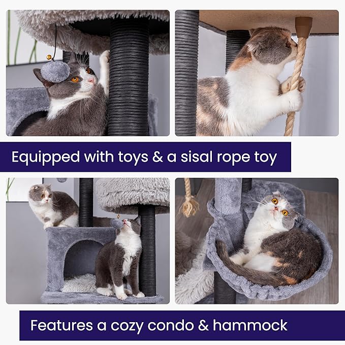 Catry Bradbury 7-Level 62.5” Modern Cat Tree with Replaceable Scratching Posts,Big Condo,Two Washable Beds, Two Hammocks,Quick Assembly, for Multi-Cat Homes(Cloud Gray)