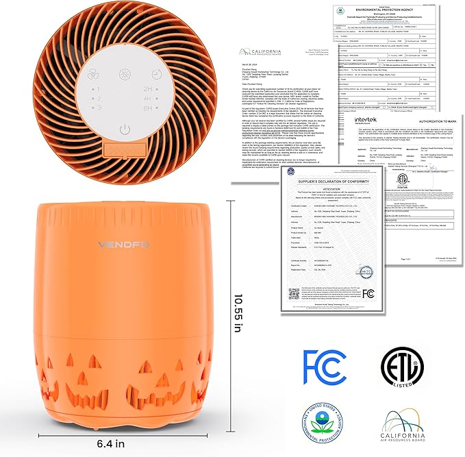 Air Purifiers for Home Bedroom up to 1076ft², True HEPA Air Filters Dust Pets Smoke Hair, 3 Fan Speeds Quiet, Timer Settings, Rechargeable Air Cleaner Office, Bedroom, Pets, Car(Orange)