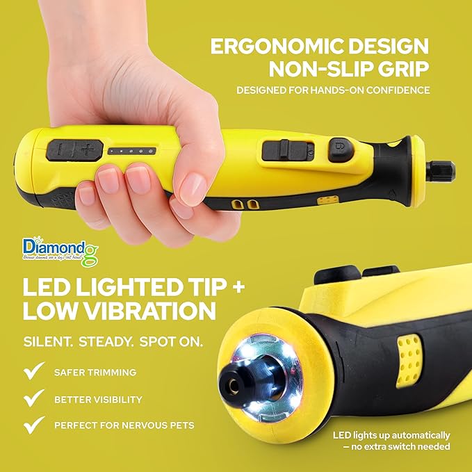 Diamondg Cordless Dog Nail Grinder with Quiet Sound & LED Tip for Large & Small Dogs, 4hrs. Runtime, 2 Bits Included, Yellow
