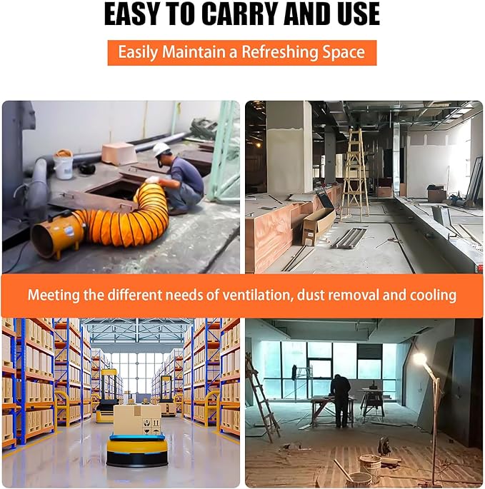 8-Inch High-Velocity Portable Utility Blower Fan, Industrial Exhaust Fan with 16.4ft Flexible Duct Hose, 3150 RPM Low-Noise Ventilator for Basements, Workshops, Warehouses, and Confined Spaces