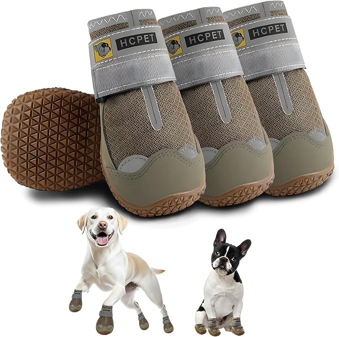Hcpet Dog Shoes for Large Dogs, Breathable Dog Booties for Small Medium Dogs, Anti-Slip Dog Boots & Paw Protectors for Hot Pavement Winter Snow Hiking with Reflective Straps Army Green Size 7