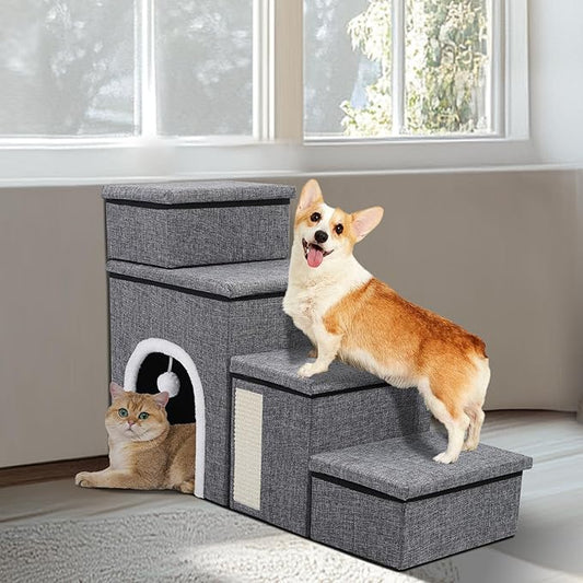 Dog Stairs for Bed and Couch 23“H, Foldable Dog Stairs for Small Older Dogs, 4 in 1 Adjustable Pet Cat Steps Ramps with Storage, Condo, Cat Scratcher, Hold Up to 180LBS, 4 Steps