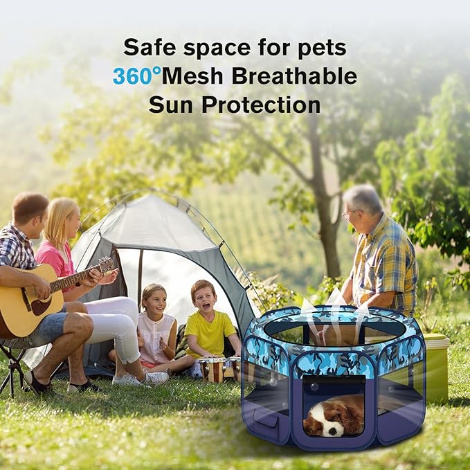 Dog Playpen, Pet Playpen, Portable Cat Playpen, Pop Up Foldable Puppy Playpen Exercise Kennel Tent with Carry Case Collapsible Bowl,Water-Resistant Shade Cover for Outdoor Indoor Travel (Large)