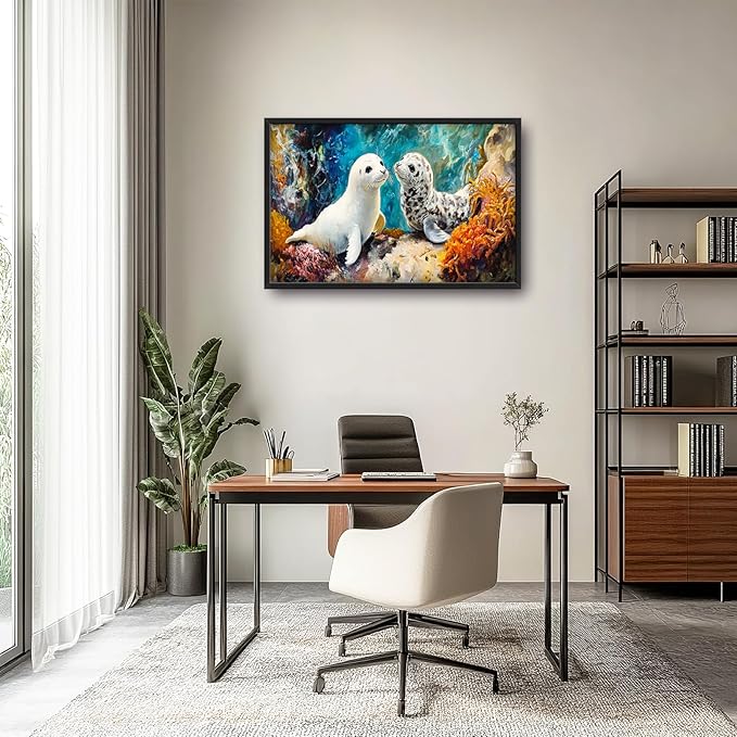 Extra Large Seal Framed Wall Art for Living Room,Oversized Underwater Animal Pictures Wall Decor,Ocean Coral Reef Canvas Print Painting Modern Artwork Bedroom Office Bathroom 36L" x 24W"