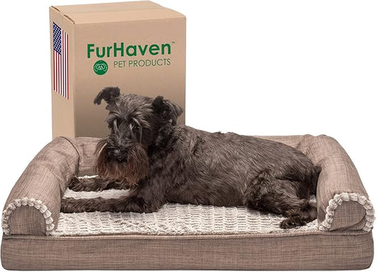 Furhaven Cooling Gel Dog Bed for Medium/Small Dogs w/ Removable Bolsters & Washable Cover, For Dogs Up to 35 lbs - Luxe Faux Fur & Performance Linen Sofa - Woodsmoke, Medium