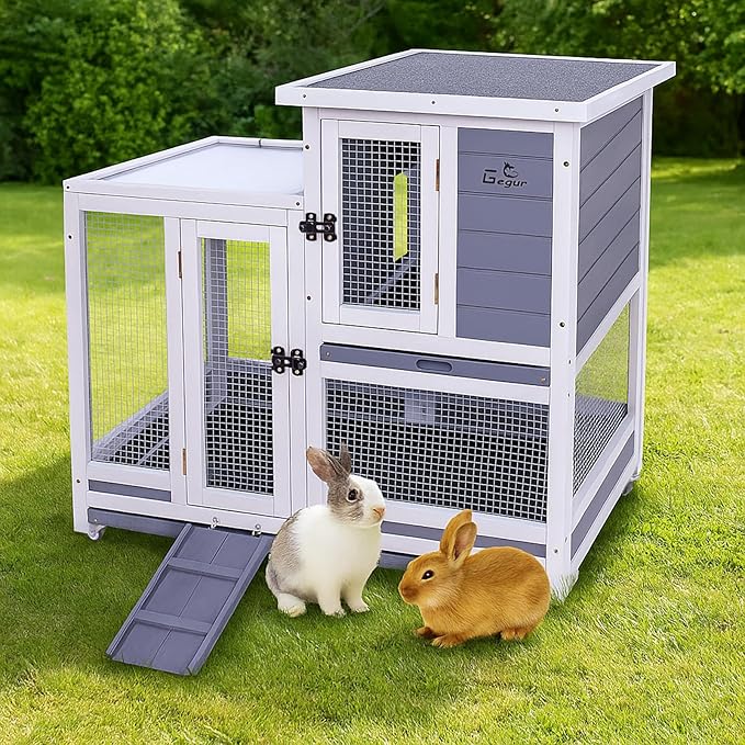 GEGURI Rabbit Hutch, Two-Story Indoor Bunny Cage, Outdoor Guinea Pig Cages for Small Animals with Wheels, Removable Tray