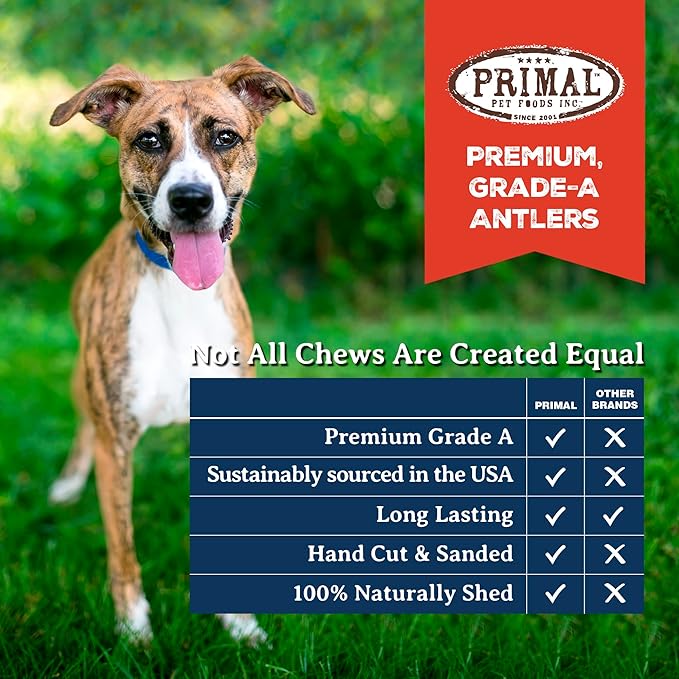Primal Antlers for Dogs, Grade A Split Elk Antlers for Large Canines 30-45 lb, Natural Chews for Aggressive Chewers, Naturally Shed, Long Lasting Dog Bones, 1 ct
