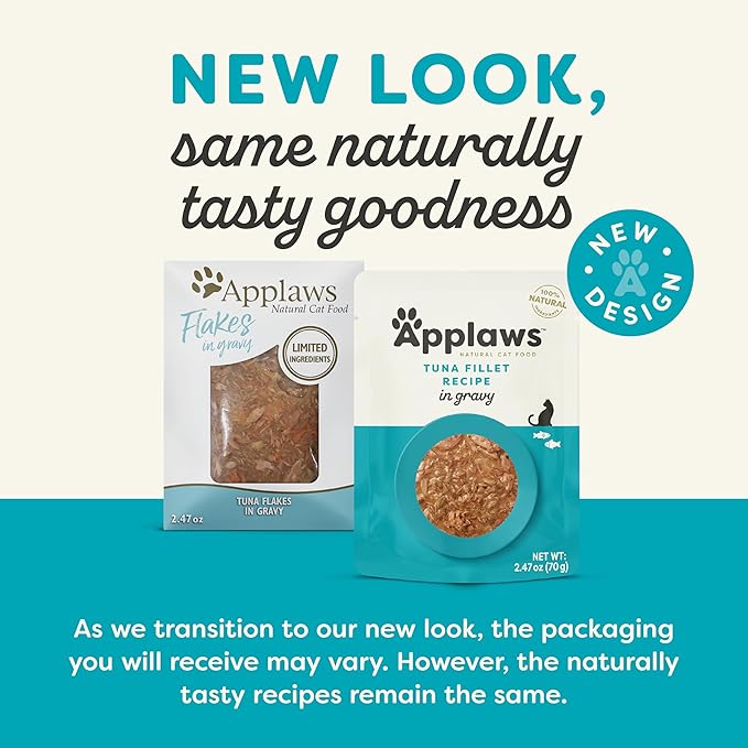 Applaws Natural Wet Cat Food in Gravy, Limited Ingredient Wet Cat Food Pouches, No Additives, Made with Natural Ingredients, Tuna Fillet in Gravy (12 x 2.47oz Pouches)