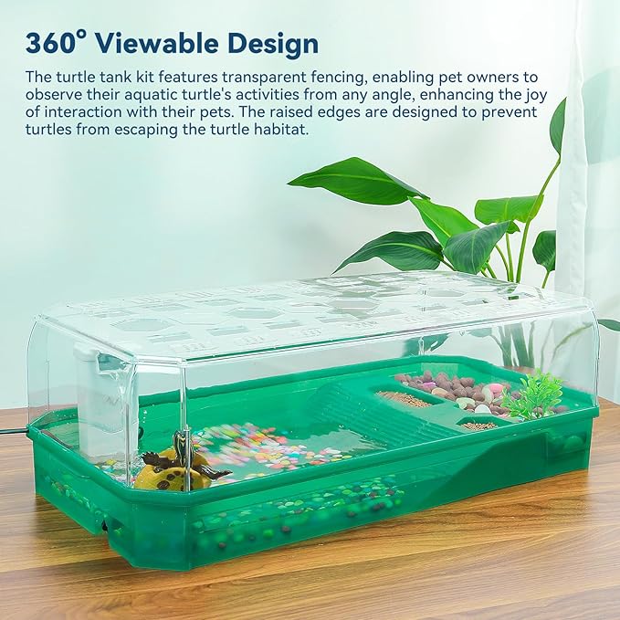 Aquatic Turtle Tank Habitat Kit Stone+Filter+Heat Lamp Enhancing Interaction with 360° Viewing, Standalone Filtration, DIY Creative Zone, Enriched Living (Green, L[Without Light])