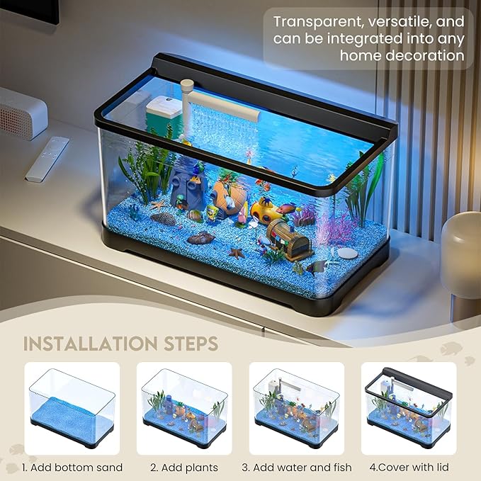 LED Aquarium Fish Tank Kit,（Light + Filter + Green Plants + Blue Sand + Pineapple Houses + Shells） Black, 4.5 Gallon