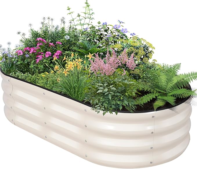 Galvanized Raised Garden Bed Outdoor - 4×2×1ft Planter Raised Beds for Gardening | Oval Metal Garden Planter Box with Safety Edging and Gloves for Vegetables Fruits and Flowers - White