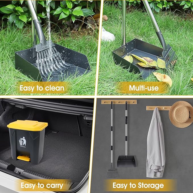 Dog Pooper Scooper, 20L Large Dog Poop Trash Can Outside with Removable Inner Bucket, Poop Trash Can for dog Outdoors with 90 Waste Bags, 37inch Long Handle Stainless Metal Tray & Rake