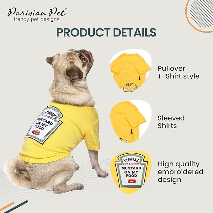 Parisian Pet Dog Shirt - Embroidered “Mustard on My Food“ - 100% Cotton and Polyester Dog Clothes - Sleeved, Lightweight Costume for Dogs - Yellow Dog Shirts for Large Dogs - Pet Costumes - L