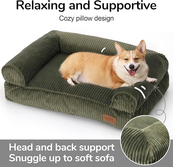 FUKUMARU Cute Dog Bed, Fluffy Dogs Couch with TPU Layer Keeping Lining Dry, Pet Sofa Medium Size Dog Easy to Care, Warm Cat Bed with Removable Zipper Cover, 36inch, Large, Green