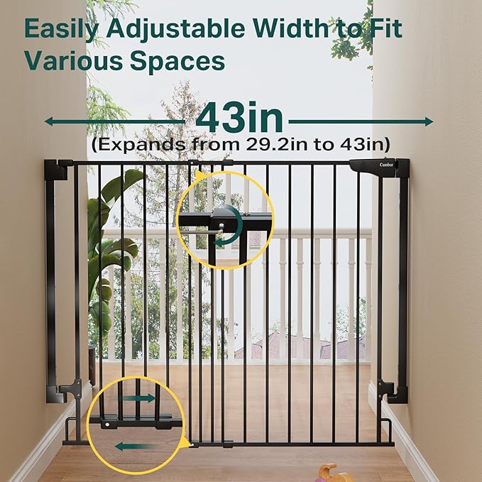 Cumbor 34" Extra Tall No Bottom Bar Baby Gate for Stairs, Auto Close Dog Gate Indoor for Larger Pets, 29.2-43" Hardware Mounted Safety Gate for Doorways, Wide Walk Thru Door for Easy Access (Black)