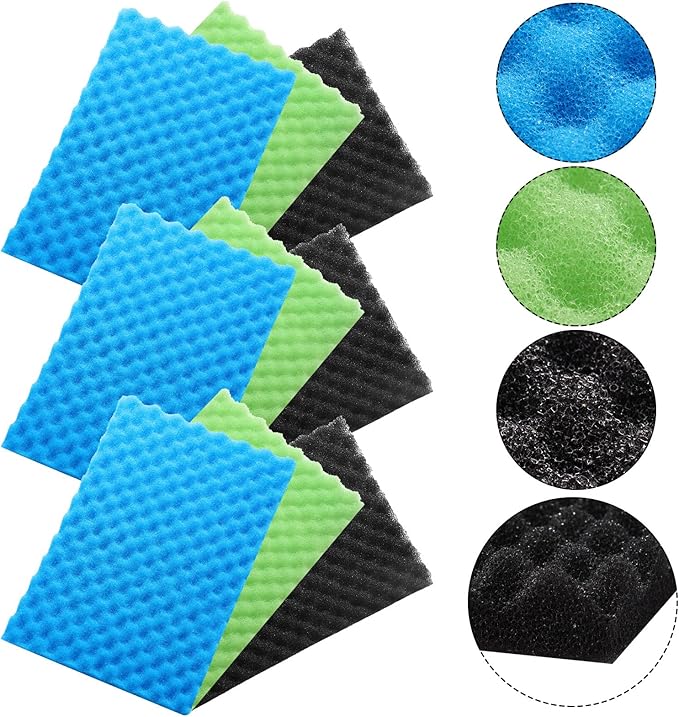9 Pcs Fish Pond Foam Aquarium Filter Sponge Wave Shape Coarse Foam for Fish Tank Sump Pond 17 x 11 Inch x 1/2 to 1 Inch, Black, Green, Blue