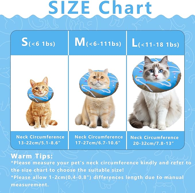 Cat Cone Collar Soft, Adjustable Cat Recovery Collar Kitten Cones to Stop Licking, Cute Donut E Collar After Surgery, Cats Neck Pillow Elizabethan Cones of Shame (Waterproof Blue, Large)