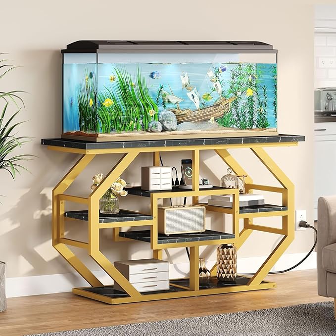 YITAHOME Heavy Duty 55-75 Gallon Fish Tank Stand with Power Outlet, Marble Aquarium Stand for Fish, Turtle, Reptile Terrarium, Shelves for Fish Tank Accessories Storage, 860LBS Capacity, Gold