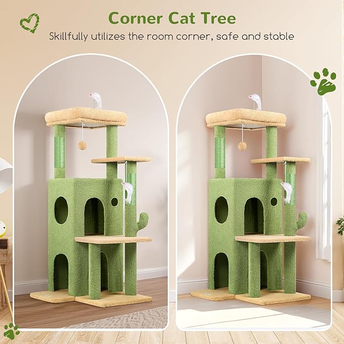 Globlazer Cactus Cat Tree Tower for Indoor Cats, 50-inch Adult Cat Tree House for Large Adult Cats with Steps, Scratching Post, 2 Cat Caves, Dangling Toys, FC50, Green