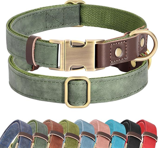 Didog Soft PU Leather Dog Collar for Large Dogs,Classic Adjustable Dog Collars with Quick Release Metal Buckle,Easy Clean and Comfortable with Nylon Lining,Green,L Neck 15-23"