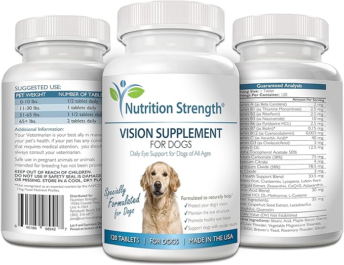 Eye Care for Dogs Daily Vision Supplement with Lutein, Zeaxanthin, Astaxanthin, CoQ10, Bilberry Antioxidants, Vitamin C, Vitamin E Support for Dog Eye Problems, 120 Chewable Tablets