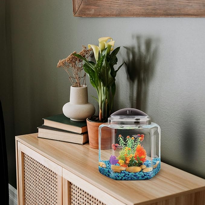 Koller Products 2-Gallon Hex Aquarium Starter Tank - LED Lighting (7 Color Selections), Impact-Resistant Plastic Fish Bowl for Betta/Nano/Goldfish, Wedding Event & Home Decor