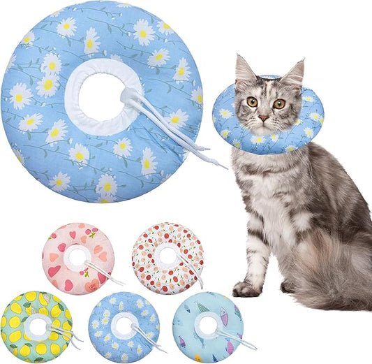 Cat Cone Collar Soft, Adjustable Cat Recovery Collars Kitten Cones to Stop Licking, Cute Donut E Collar After Surgery, Anti-Lick Wound Healing Elizabethan Collar for Kitten(Blue Daisy, Medium)