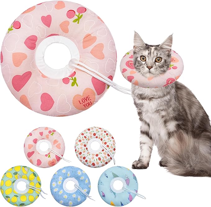 Cat Cone Soft Collar - Adjustable Recovery E Collar for Small, Medium, Large Cats - Cute Donut After Surgery, Anti-Lick Wound Healing Elizabethan for Kittens (Pink Heart, Medium)