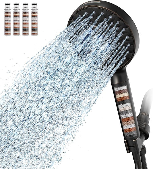 Filtered Shower Head with Handheld, High Pressure 9 Spray Mode ORB Showerhead with 4 Filters, Detachable Shower Head, Water Softener Filters Beads for Hard Water - Remove Chlorine