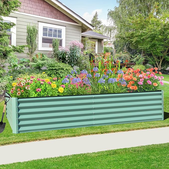 Domi Raised Garden Beds Outdoor, 8x4x1.5Ft Thickening Tall Metal Rectangular Deep Root Box Planter for Vegetables, Flowers, Herbs, and Succulents 1.5" Deep w/ 342 Gallon Capacity - Green