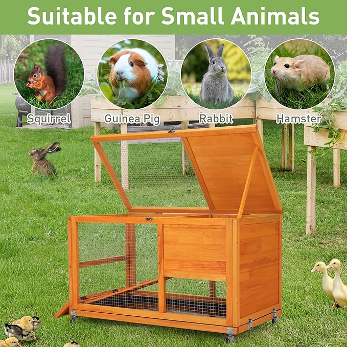 COZIWOW Fashionable Wood 36Inches Rabbit Hutch Indoor with Wheels Bunny Cage Outdoor Fashion Rabbit Cage with Clean Tray, Openable Roof, Anti-Slip Ramp for Small Bunny Rabbit (Orange)