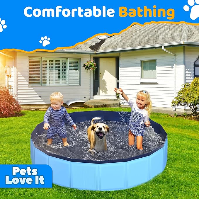 87" x 12" Foldable Dog Pool - Collapsible Hard Plastic Kiddie Pool for Dogs & Kids, Non-Slip Pet Bath Tub for Outdoor Backyard Use, Lightweight & Portable (Blue)