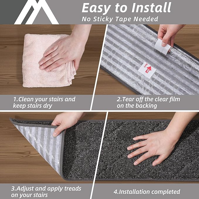 COSY HOMEER Edging Stair Treads Non-Slip Carpet Mat 28inX9in Indoor Stair Runners for Wooden Steps, Edging Stair Rugs for Kids and Dogs, 100% Polyester TPE Backing (15pc, Black)