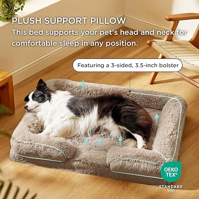 Bedsure Orthopedic Dog Beds Large Sized Dog - Washable Large Dog Cat Bed Waterproof, Comfort Dogs Couch Sofa with Washable Removable Cover, Pet Bed with Nonskid Bottom, Long Faux Fur-Taupe, 35"