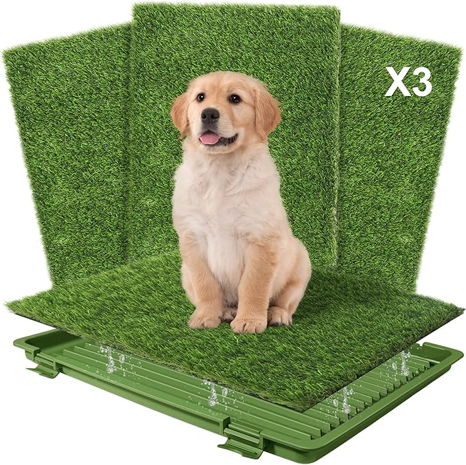 Dog Grass Pad with Tray: 3 Pack Grass Pee Pads for Dogs Potty for Puppy Training, Artificial Turf for Dogs with Collection Tray for Indoor /Outdoor /Patio /Balcony, 22"x18" Green