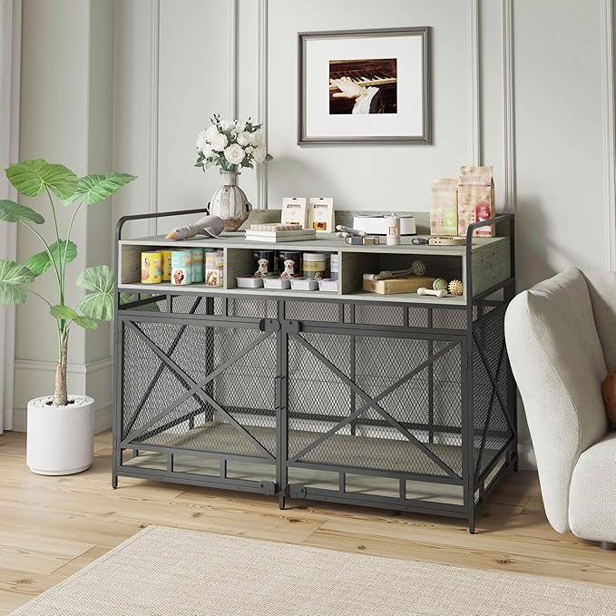 Dog Crate Furniture, 48" Heavy Duty Wooden Dog Crate End Table, XL Dog Kennel Furniture Large Breed, Decorative Dog Kennel Indoor with 3 Drawers & Steel Tubes 48" L x28 W x36 H (Grey)