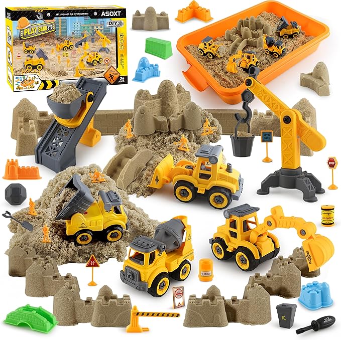 Asoxt 43-Piece Construction Sensory Playset – 2 lbs Play Sand, 4 DIY Trucks, Crane & Road Signs – Creative Sandbox Toy for Kids Ages 3+