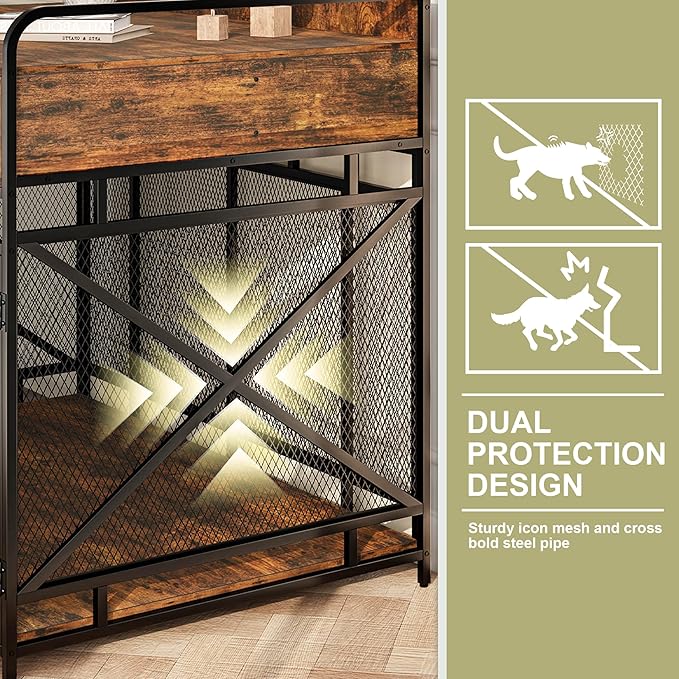 Dog Crate Furniture, 48" Heavy Duty Wooden Dog Crate End Table, XL Dog Kennel Furniture Large Breed, Decorative Dog Kennel Indoor with 3 Drawers & Steel Tubes 48" L x28 W x38 H (Rustic Brown)