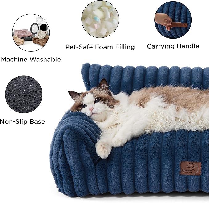 Bedsure Cute Cat Couch for Pets - Fluffy Cat Sofa with Premium Soft Corduroy Fleece, Fuzzy Pet Couch Bed with Removable Washable Cover, Supportive Pet Chair for Indoor Cats, 24inch, Night Blue