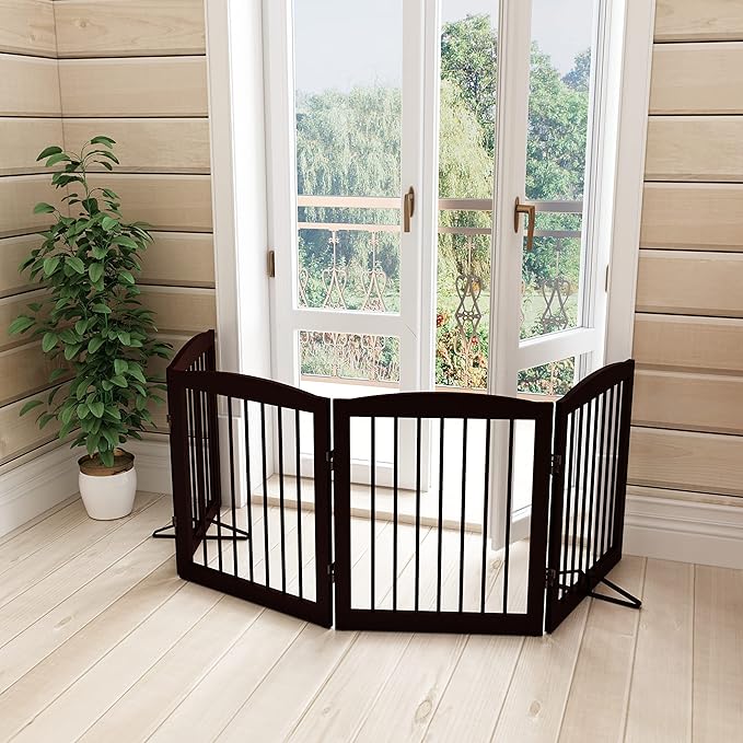 Freestanding Pet Gate for Dogs, Foldable Wooden Dog Gate for House, Indoor Dog Gate for Stair, Doorway, Gates for Dogs Indoor, 80 Inch Wide, 4 Panels 24",Brown
