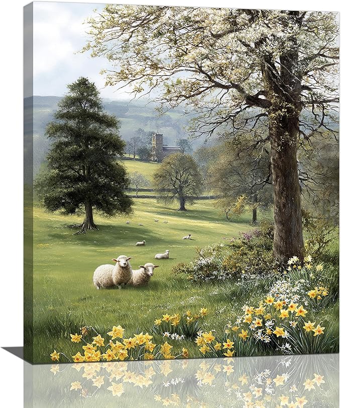Country Sheep Canvas Wall Decor Farmhouse Rustic Lamb Wildflower Wall Art Nature Countryside Landscape Pictures Painting Print Framed Artwork Decorations for Bathroom Living Room Bedroom 24"x20"