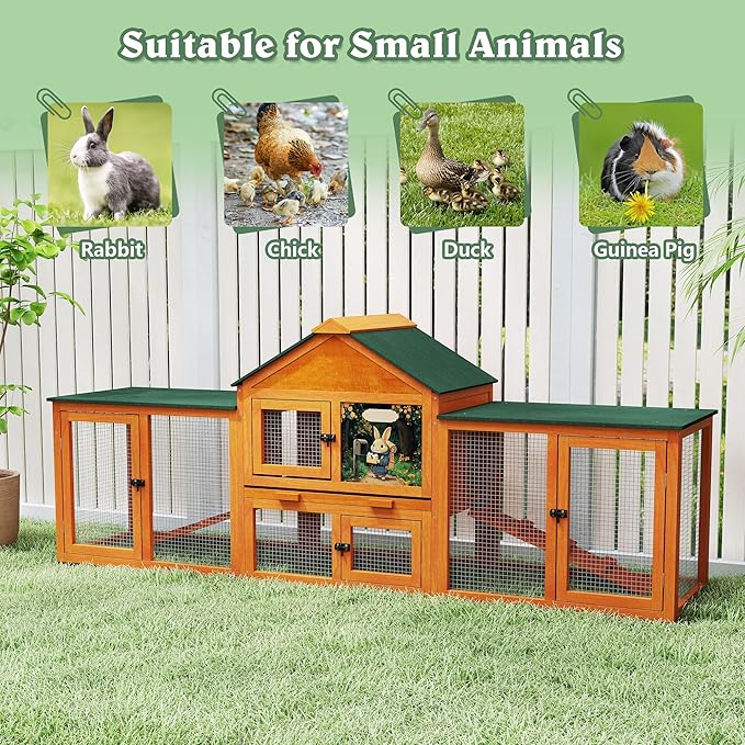 COZIWOW 82” Extra Large Fashion Wooden Outdoor Rabbit Hutch Bunny Cage Indoor Easy to Assemble and Durable with Cleaning Tray & Waterproof Roof for Small & Medium Bunny Rabbit Duck Chick (Orange)