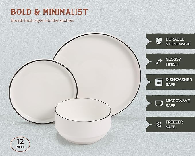 Ceramic Dinnerware Set, 12-Piece Service for 4, Round, Microwave and Dishwasher Safe, Cambridge Classics (French)