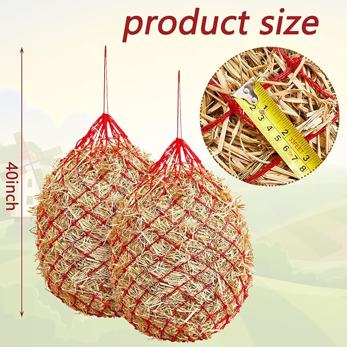 Fabbay 4 Pcs Slow Feed Hay Net Feeder Hay Bag for Horses Slow Feeder 40 Inch Length with 2 Inch Holes Hanging Horse Feed Net for Goat Cattle Equine Stalls Barn Supplies(Red)