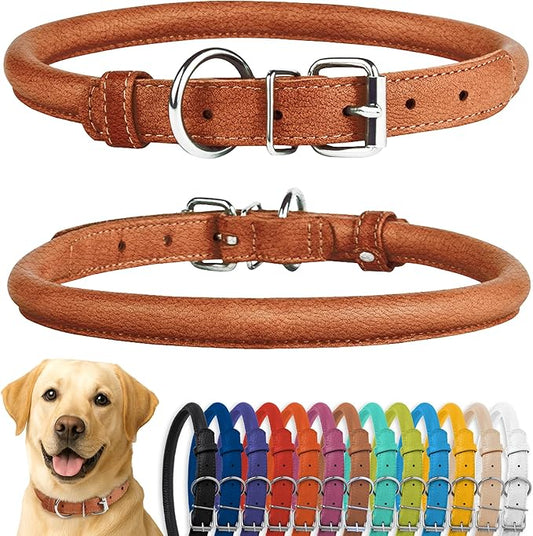 CollarDirect Rolled Leather Dog Collar, Soft Padded Round Puppy Collar, Handmade Genuine Leather Collar Dog Small Large Cat Collars 13 Colors (15-19 Inch, Cinnamon Textured)